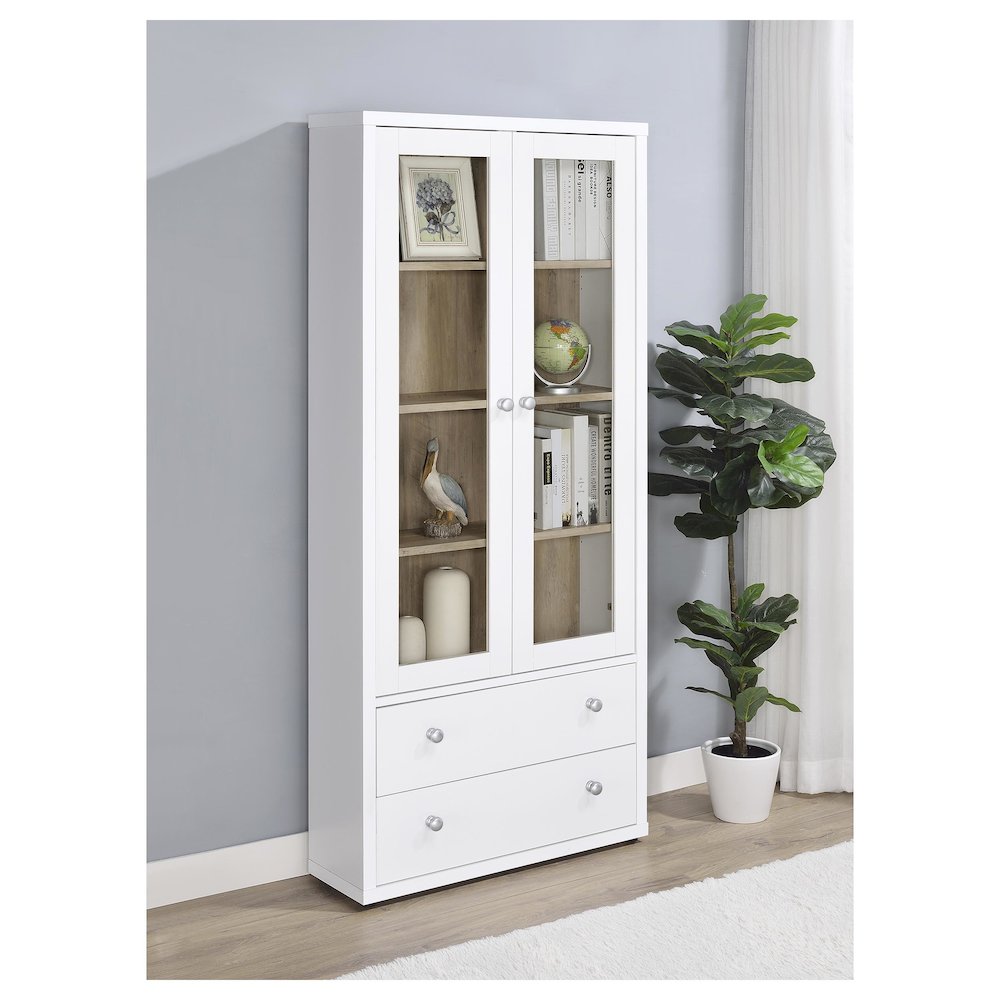 Hawthorne 4-shelf Glass Door Tall Cabinet with Drawers White. Picture 10