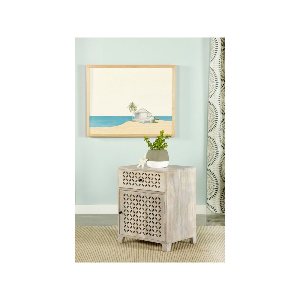 August 1-drawer Trellis Pattern Storage Cabinet White Washed. Picture 10