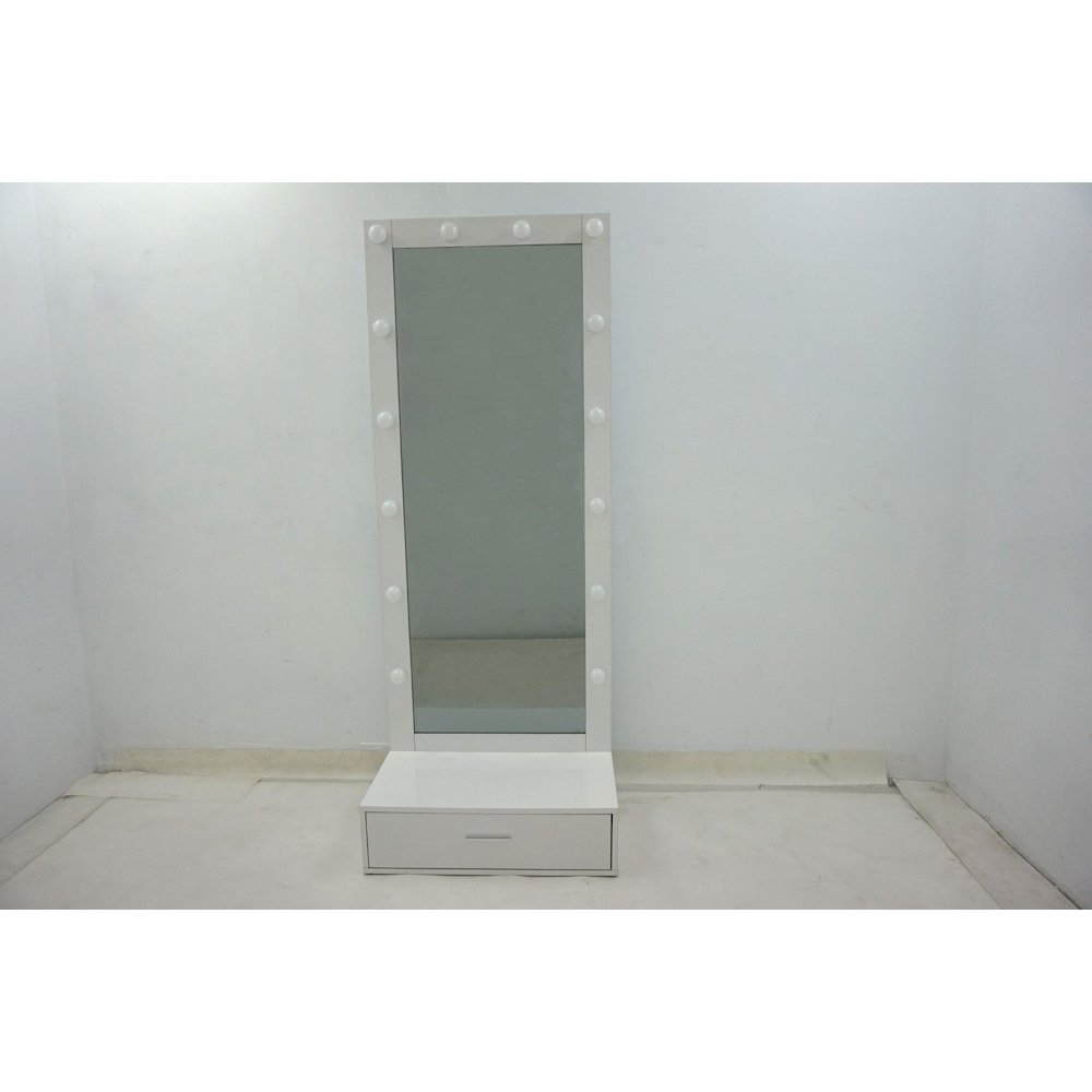 Spector 1-drawer Lighted Full-Length Floor Mirror White High Gloss. Picture 1