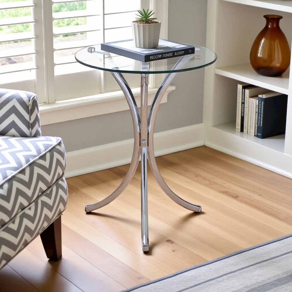 Round Glass Side Table with Chrome Base, Silver Accent End Table Design. Picture 3