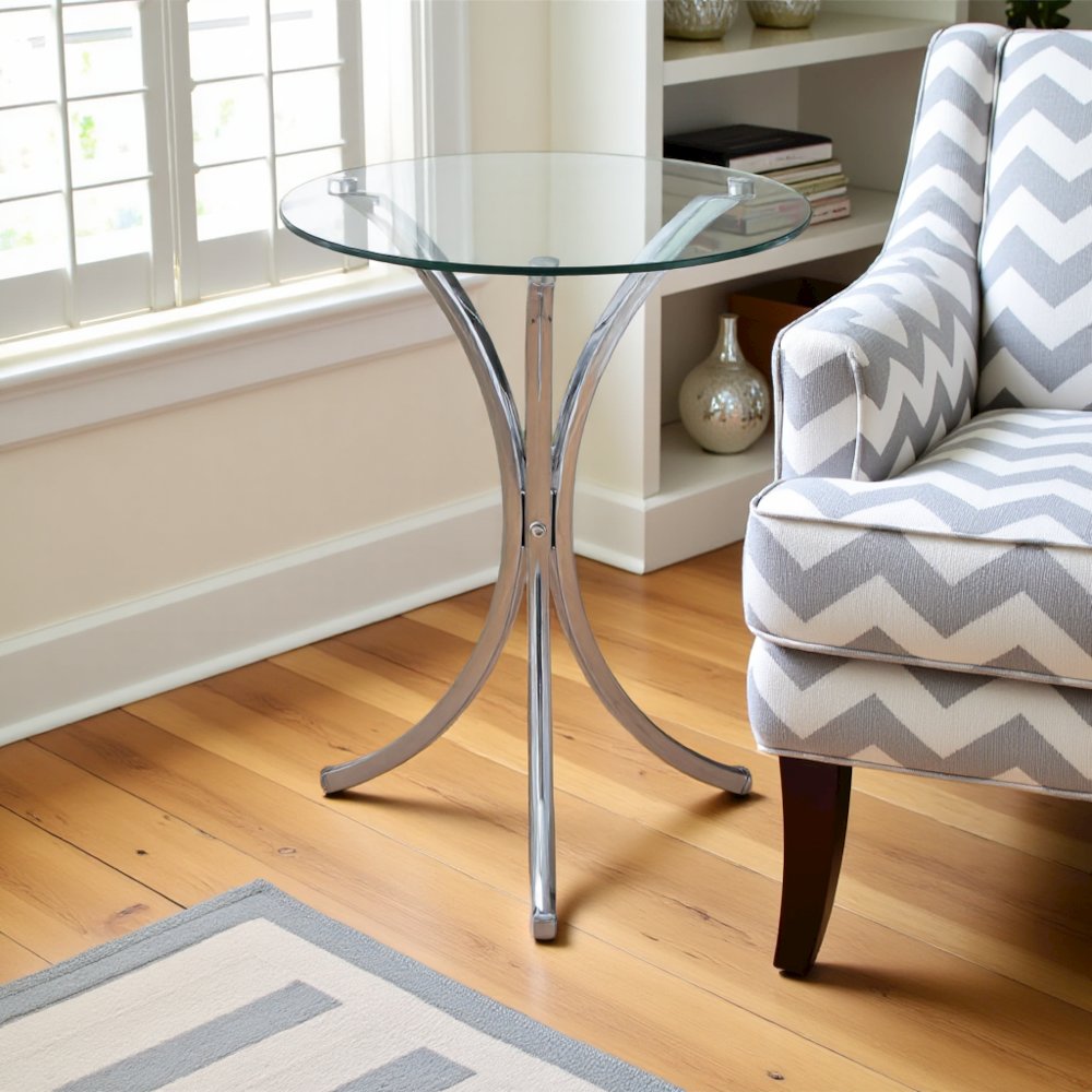 Round Glass Side Table with Chrome Base, Silver Accent End Table Design. Picture 2
