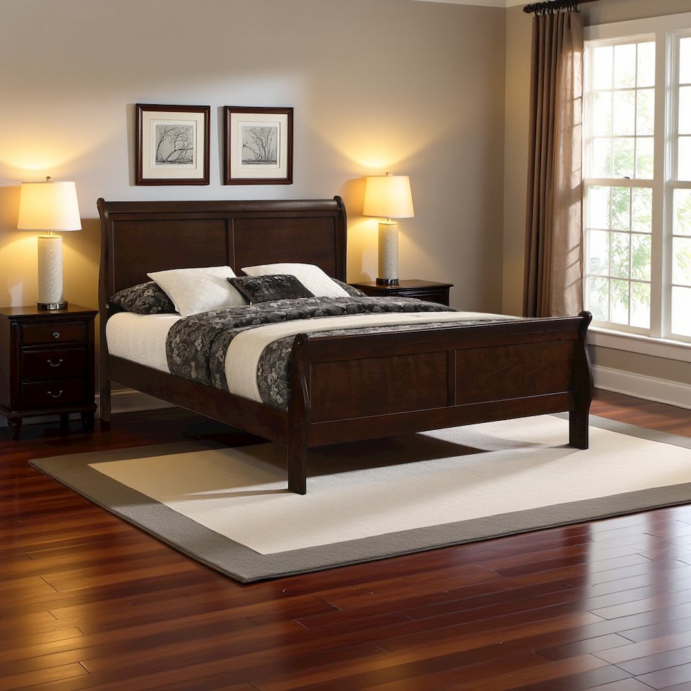 Wood King Bed Frame in Cappuccino Finish, Elegant King Size Sleigh Design. Picture 2