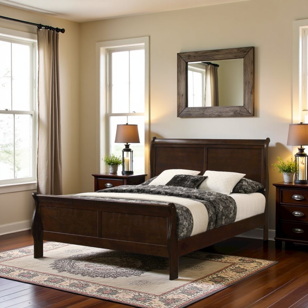Wood King Bed Frame in Cappuccino Finish, Elegant King Size Sleigh Design. Picture 5