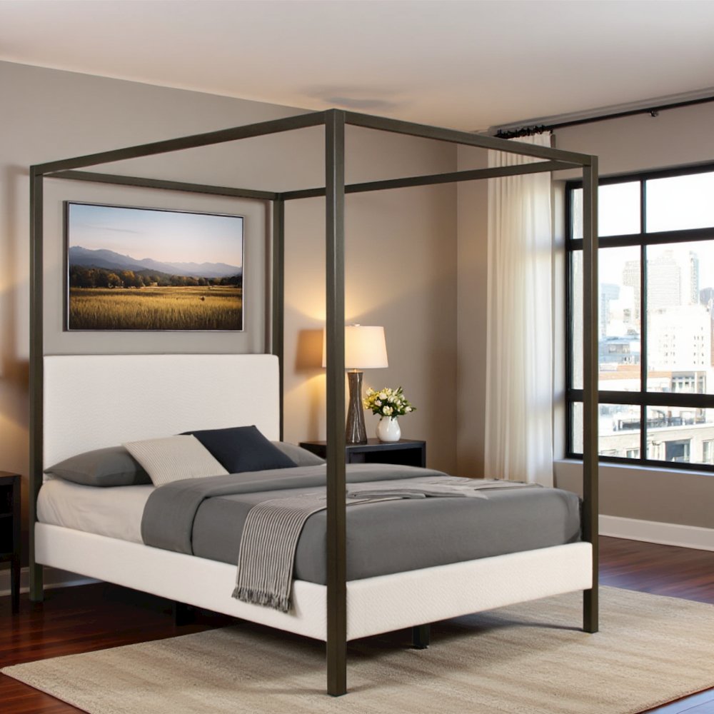 Queen Size Canopy Bed Frame with Upholstered Panels in Vanilla Finish. Picture 3