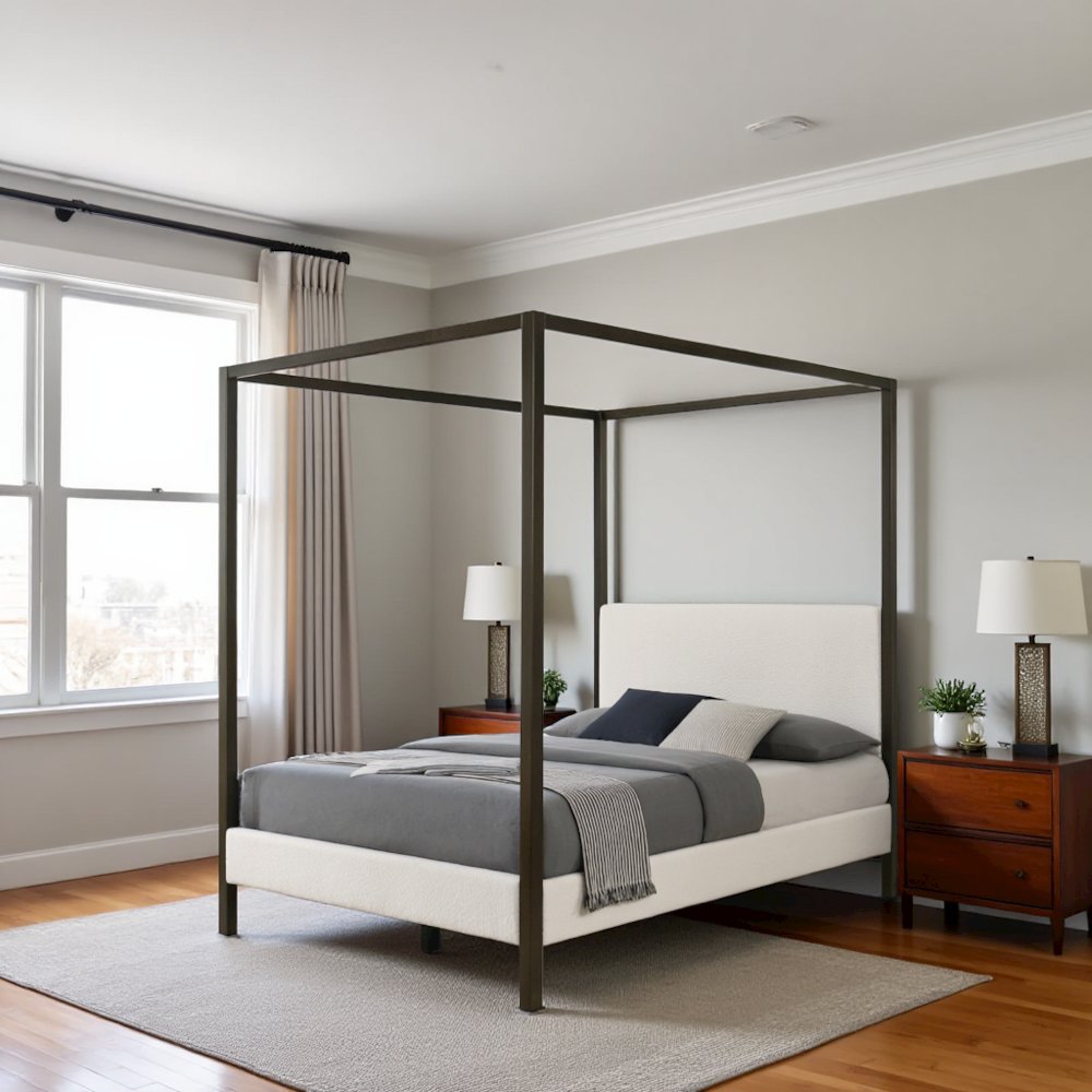 Queen Size Canopy Bed Frame with Upholstered Panels in Vanilla Finish. Picture 2