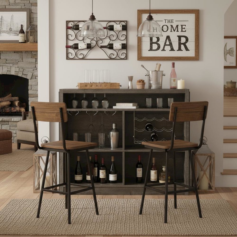 5-Shelf Composite Wood Home Bar Wine Cabinet in Aged Oak Finish with Storage. Picture 3