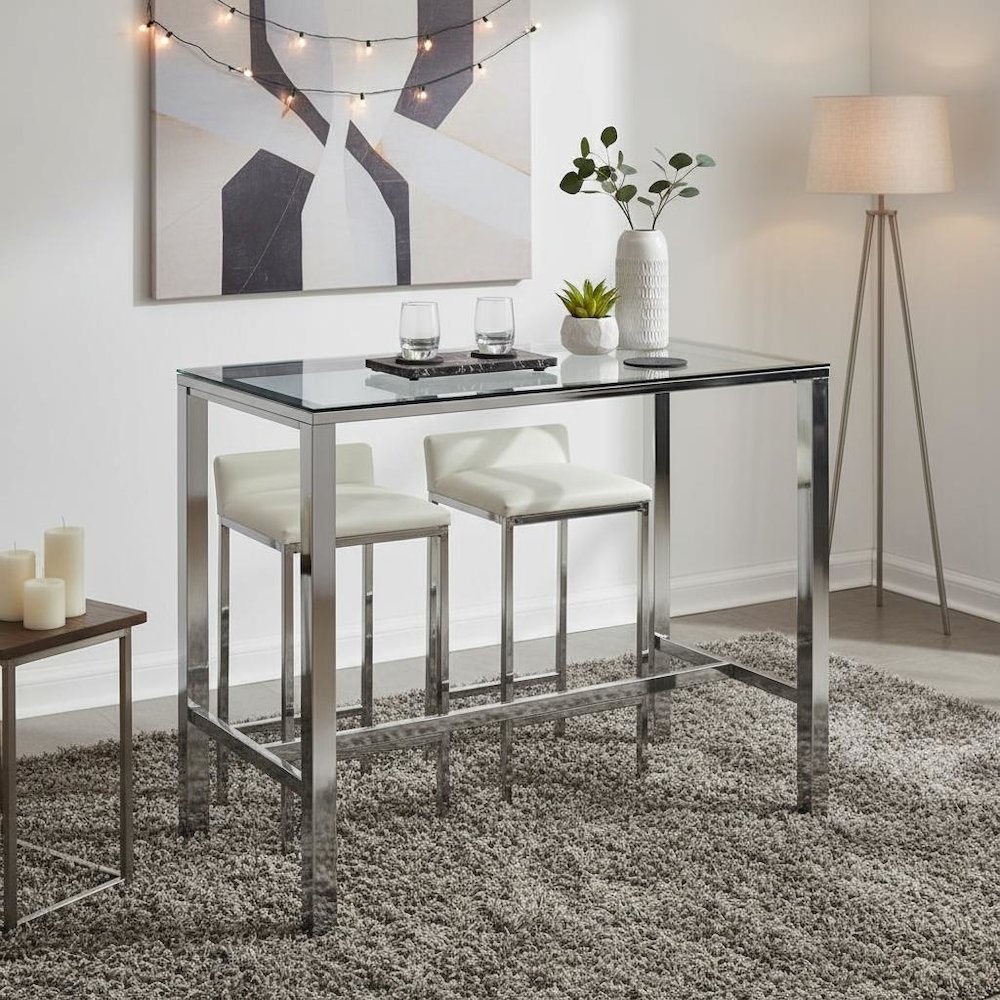 Rectangular Pub Bar Table, Glass Top, Chrome Plated Metal, Contemporary. Picture 3