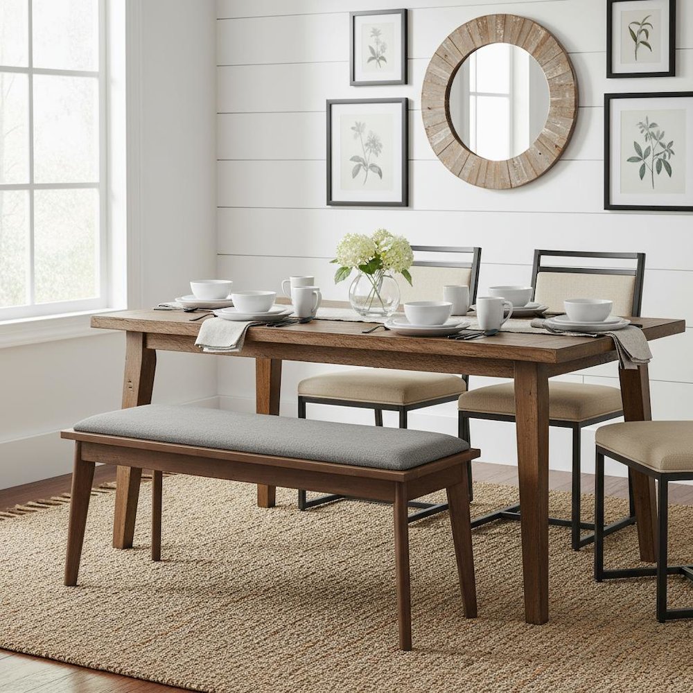 Upholstered Dining Bench with Walnut Wood Frame in Grey and Brown Finish. Picture 3