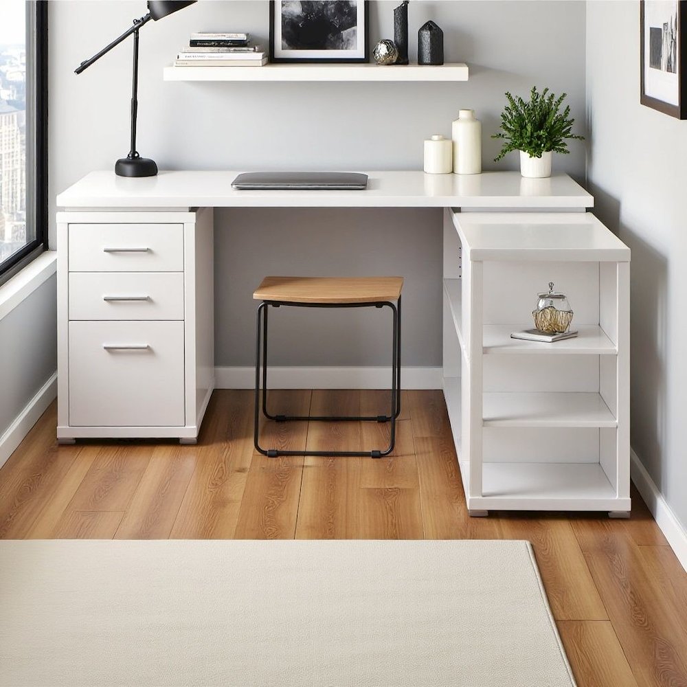 Spacious L-Shaped Office Desk – White Computer Desk with Drawers. Picture 2