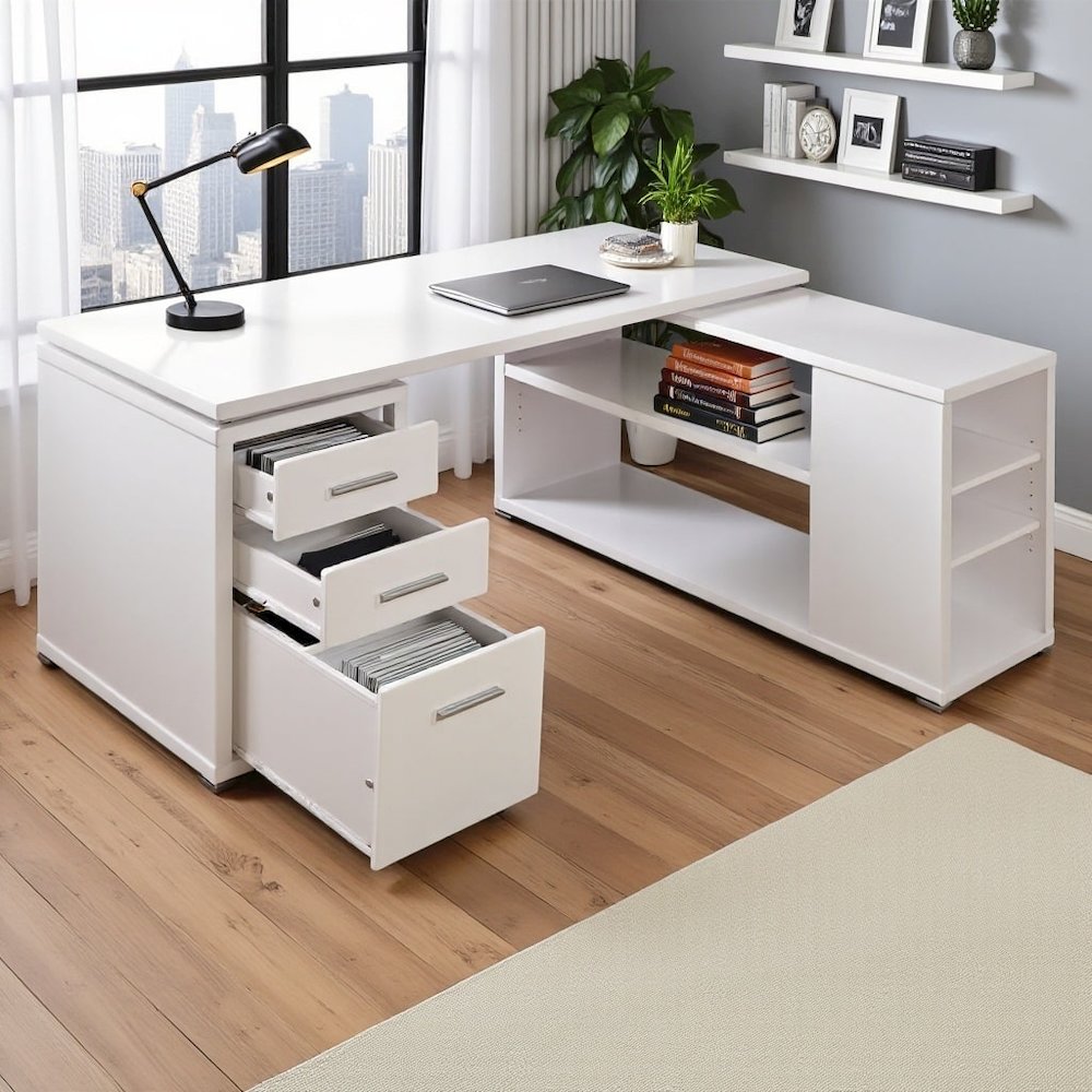 Spacious L-Shaped Office Desk – White Computer Desk with Drawers. Picture 3