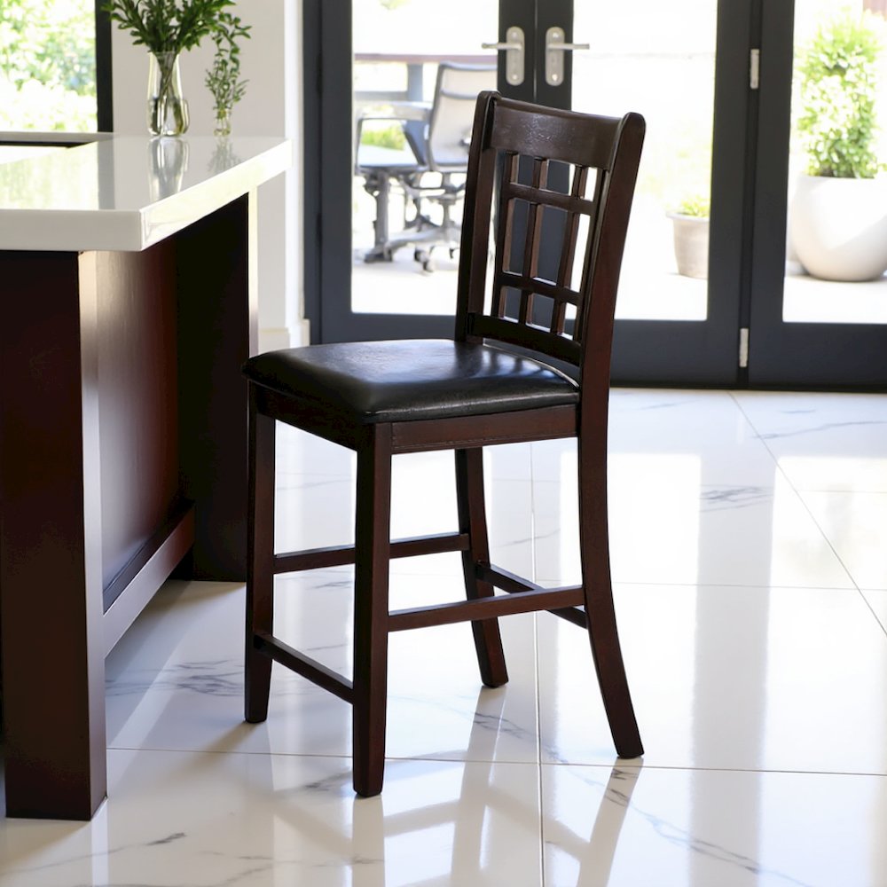 Counter Height Bar Stools Set of 2, Brown Leatherette & Wood Stools. Picture 2