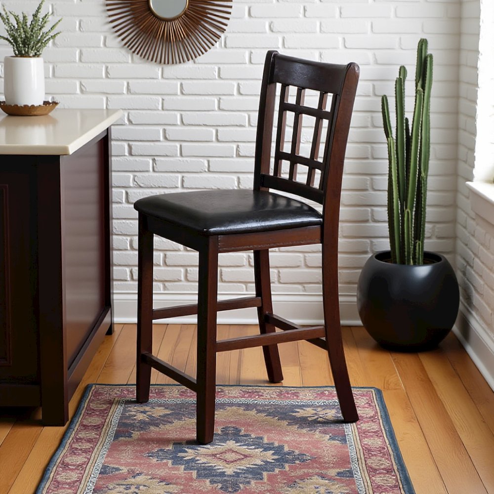 Counter Height Bar Stools Set of 2, Brown Leatherette & Wood Stools. Picture 4