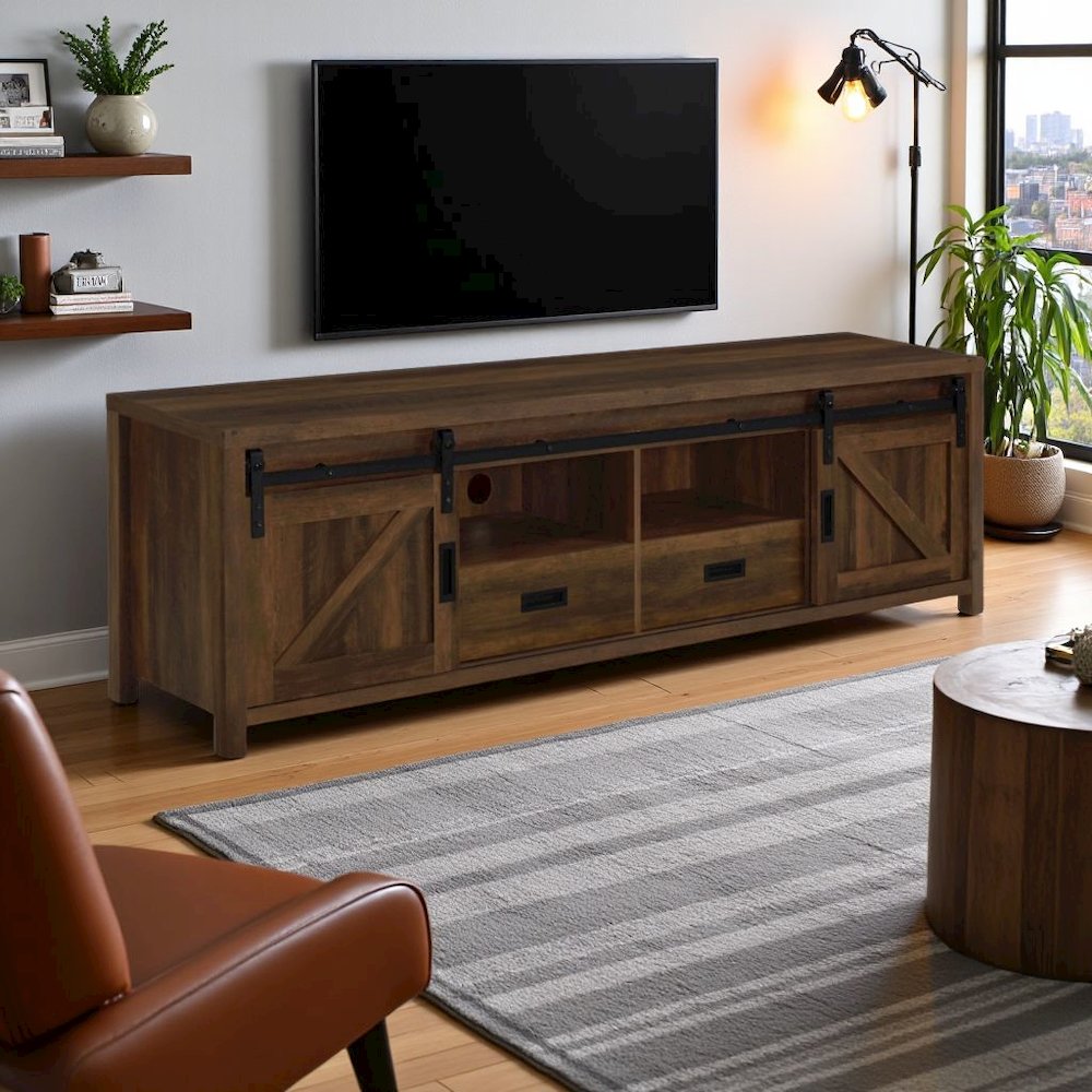 Modern 79-Inch TV Table – Long TV Stand with Sliding Doors, Green. Picture 3