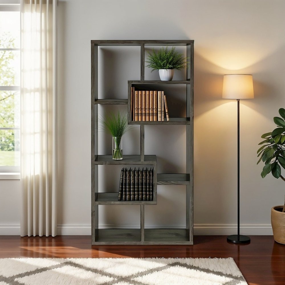 Modern Geometric Bookshelf – Gray 71-Inch Multi-Shelf Bookcase. Picture 3