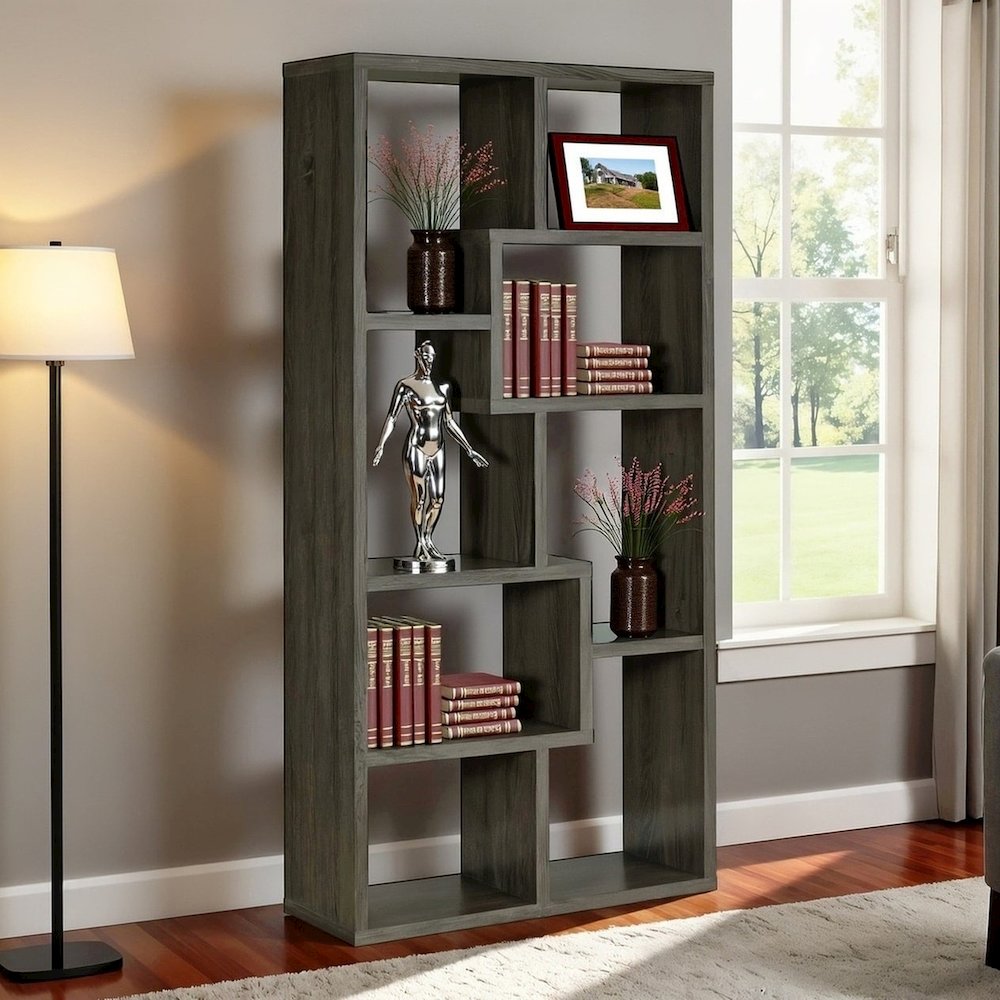 Modern Geometric Bookshelf – Gray 71-Inch Multi-Shelf Bookcase. Picture 2