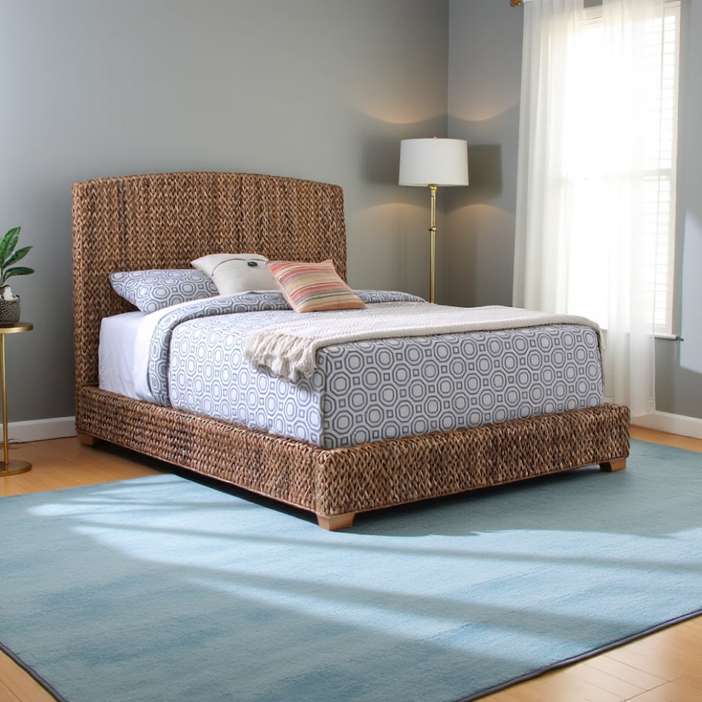 Elegant King Bed Frame with Headboard and Storage in Gold and Rattan. Picture 2