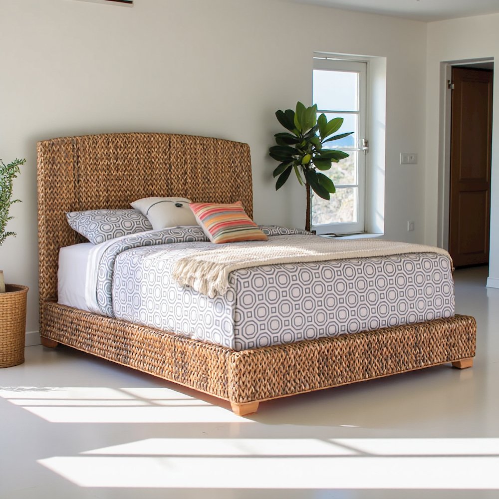 Elegant King Bed Frame with Headboard and Storage in Gold and Rattan. Picture 3