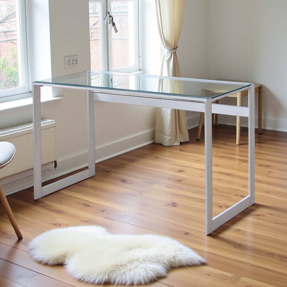 Modern Glass Top Desk with Chrome Metal Legs, Sleek Clear Glass Surface. Picture 3