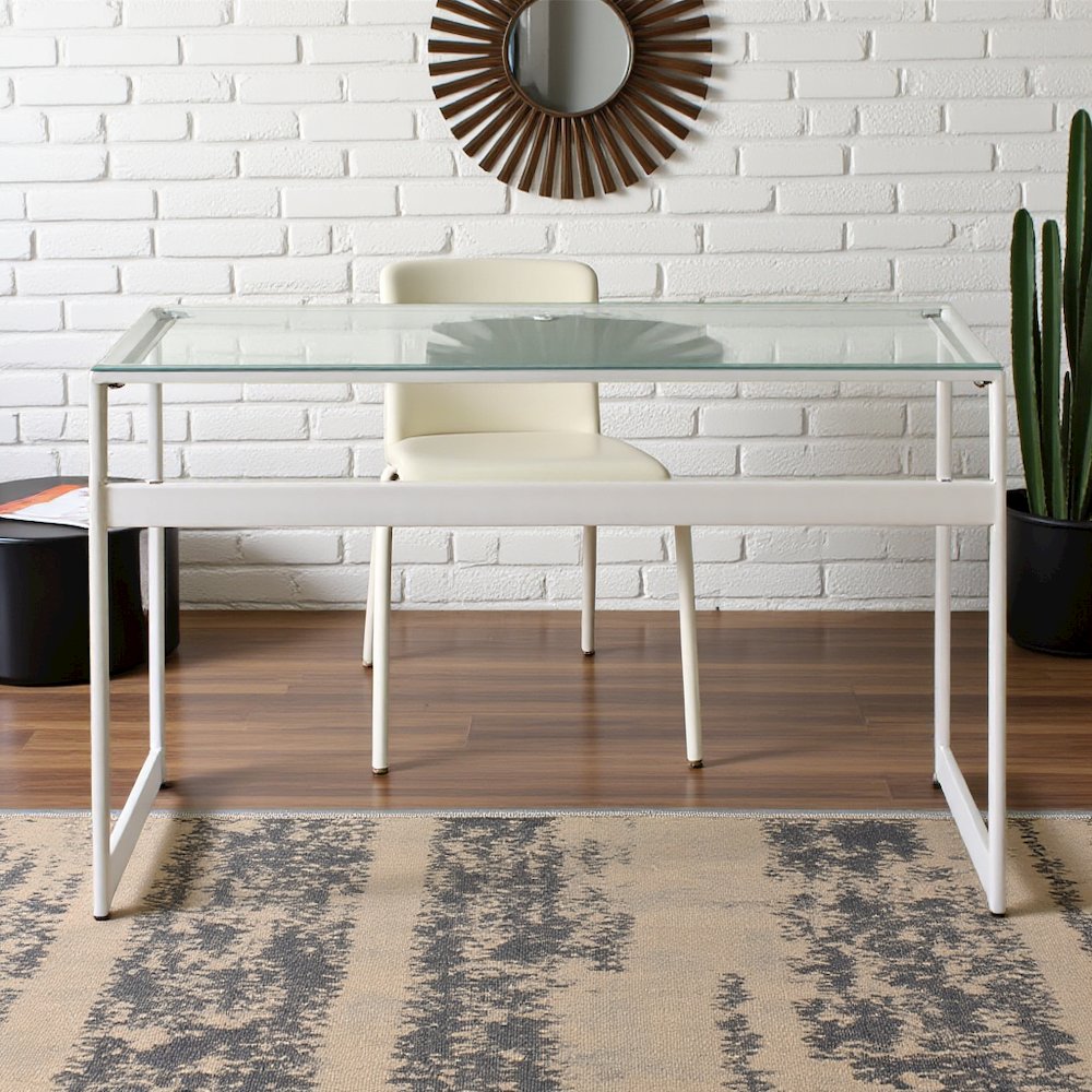 Modern Glass Top Desk with Chrome Metal Legs, Sleek Clear Glass Surface. Picture 4