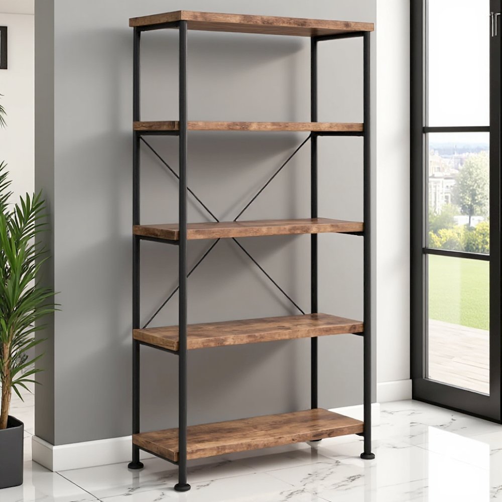 4-Shelf Wooden Bookcase in Antique Nutmeg with Industrial Design. Picture 4