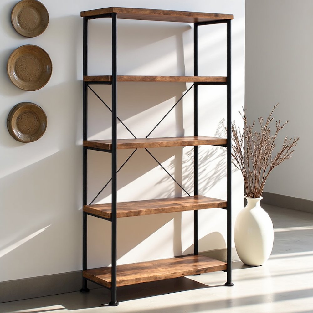 4-Shelf Wooden Bookcase in Antique Nutmeg with Industrial Design. Picture 3
