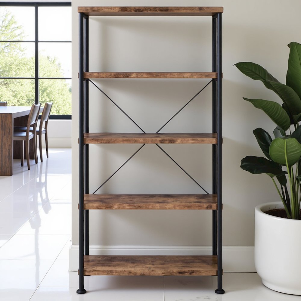 4-Shelf Wooden Bookcase in Antique Nutmeg with Industrial Design. Picture 5