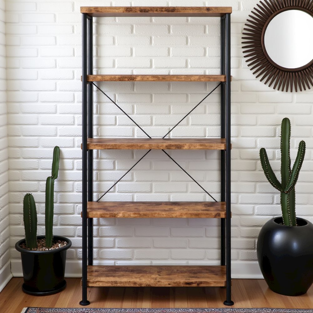 4-Shelf Wooden Bookcase in Antique Nutmeg with Industrial Design. Picture 2