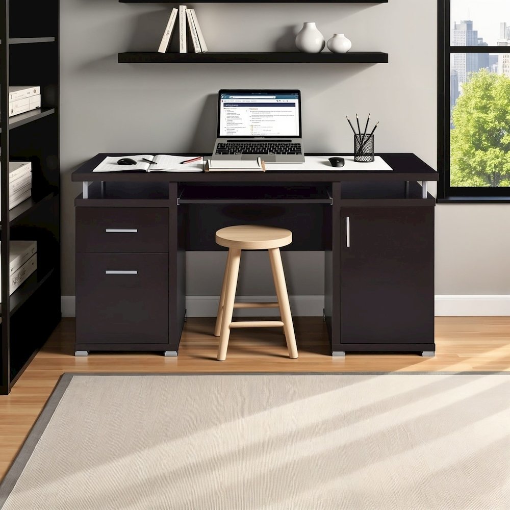 Spacious 55-Inch Office Desk with Drawers – Brown Computer Work Desk. Picture 2