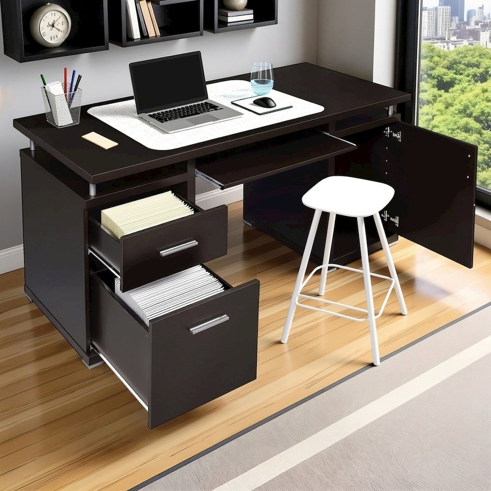Spacious 55-Inch Office Desk with Drawers – Brown Computer Work Desk. Picture 3