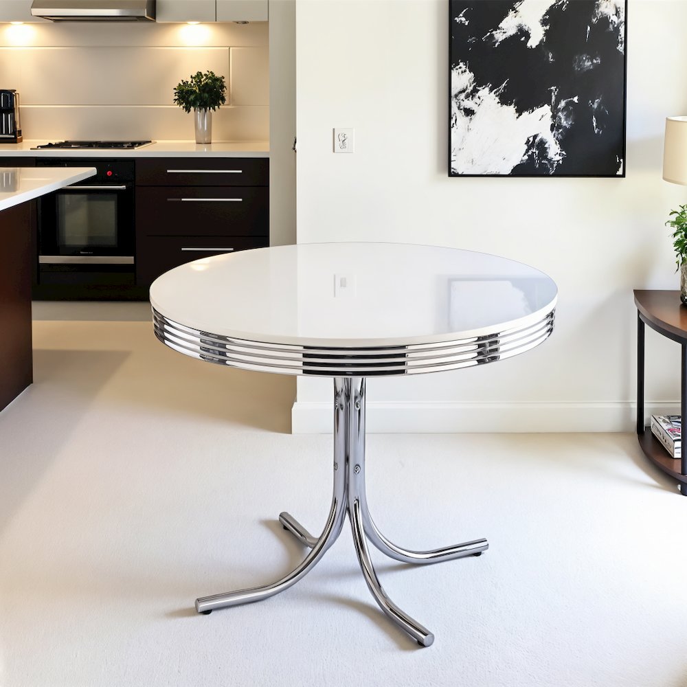 42-inch Round Dining Table with White MDF Top and Chrome Metal Base. Picture 3