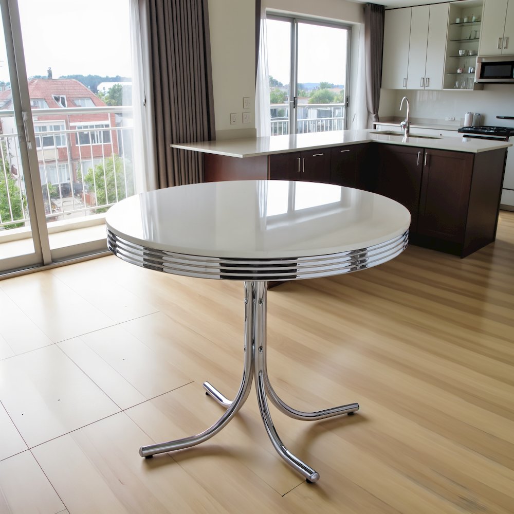 42-inch Round Dining Table with White MDF Top and Chrome Metal Base. Picture 2