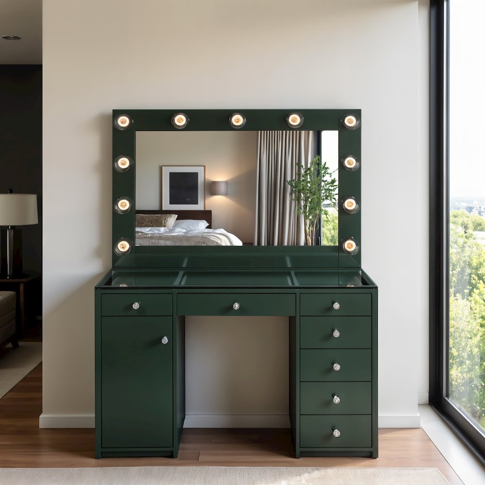 7-drawer Vanity Set with Mirror and Lights in Gray High Gloss Finish. Picture 3