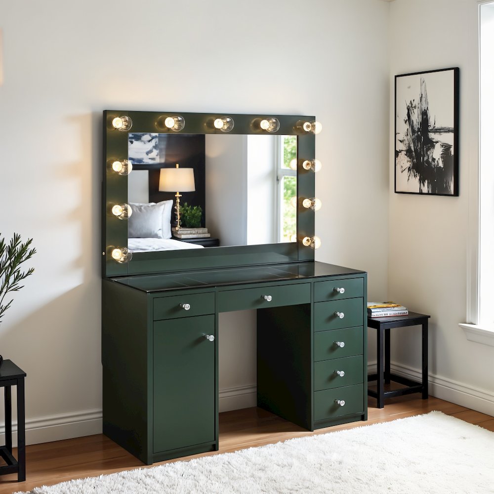 7-drawer Vanity Set with Mirror and Lights in Gray High Gloss Finish. Picture 2