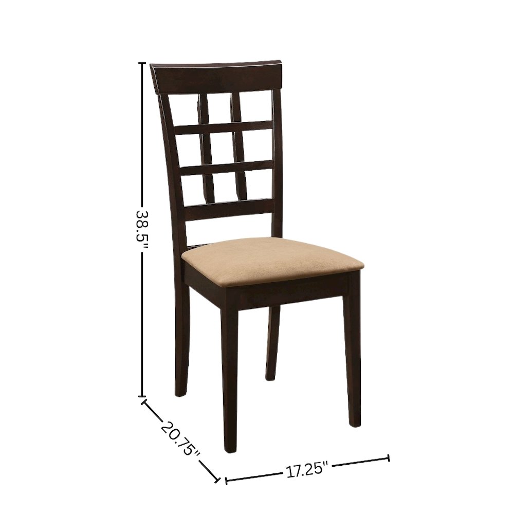 Dining Side Chairs Set of 2, Lattice Back, Cappuccino Finish, Tan Microfiber. Picture 12