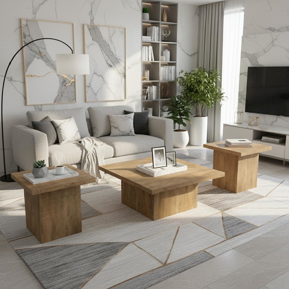 3-Piece Square Coffee & End Table Set, Mango Wood Look, Rustic. Picture 2
