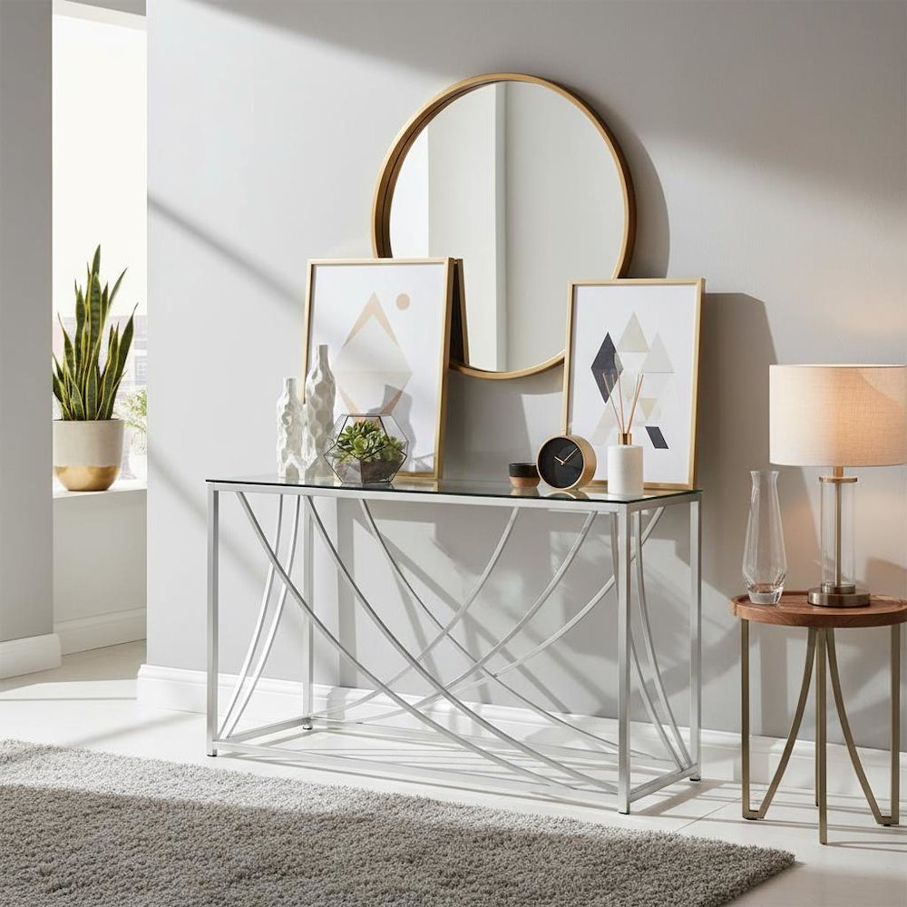 Elegant Console Table, Chrome Accents, Smooth Glass Top, Entryway Accent. Picture 3