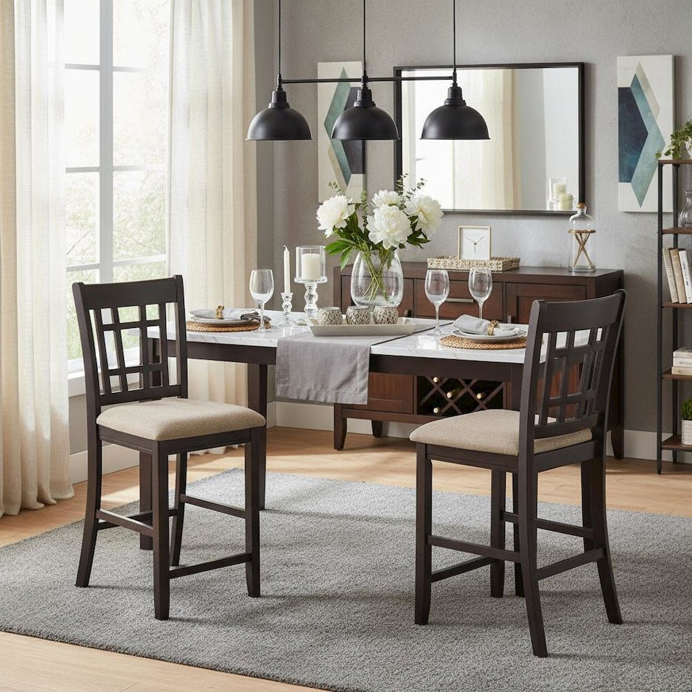Brown Wood Counter Stool Set of 2 with Lattice Back Design and Upholstered Seats. Picture 2