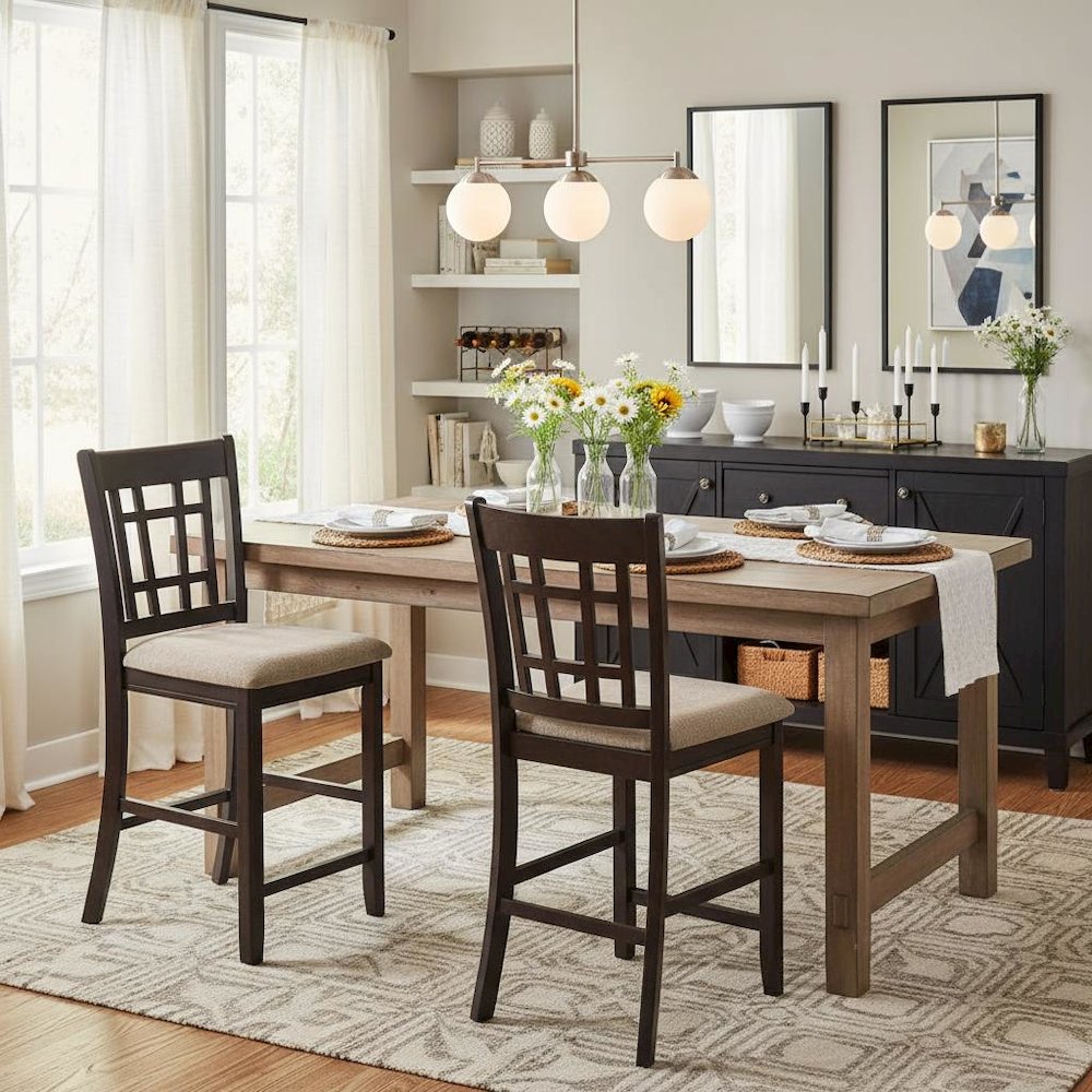 Brown Wood Counter Stool Set of 2 with Lattice Back Design and Upholstered Seats. Picture 3