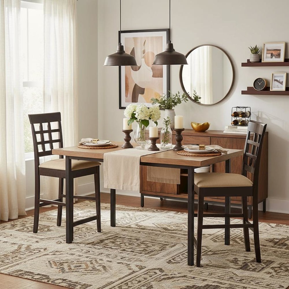 Wood Counter Stools Set of 2, Lattice Back Dining Chairs, Chestnut Finish. Picture 2