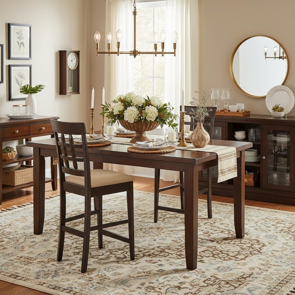 Wood Counter Stools Set of 2, Lattice Back Dining Chairs, Chestnut Finish. Picture 3