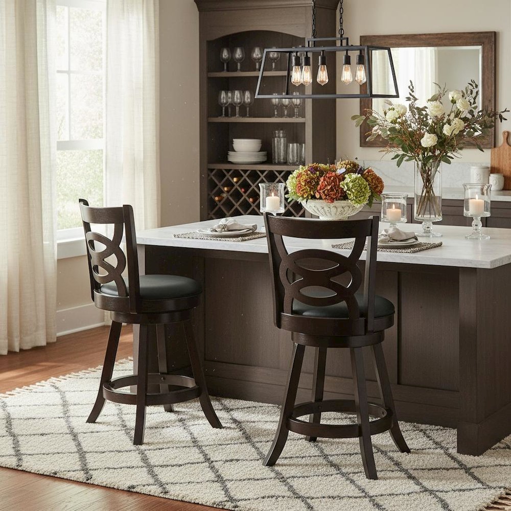 Swivel Counter Stool, Set of 2, Black Leatherette, Dark Merlot Finish. Picture 11