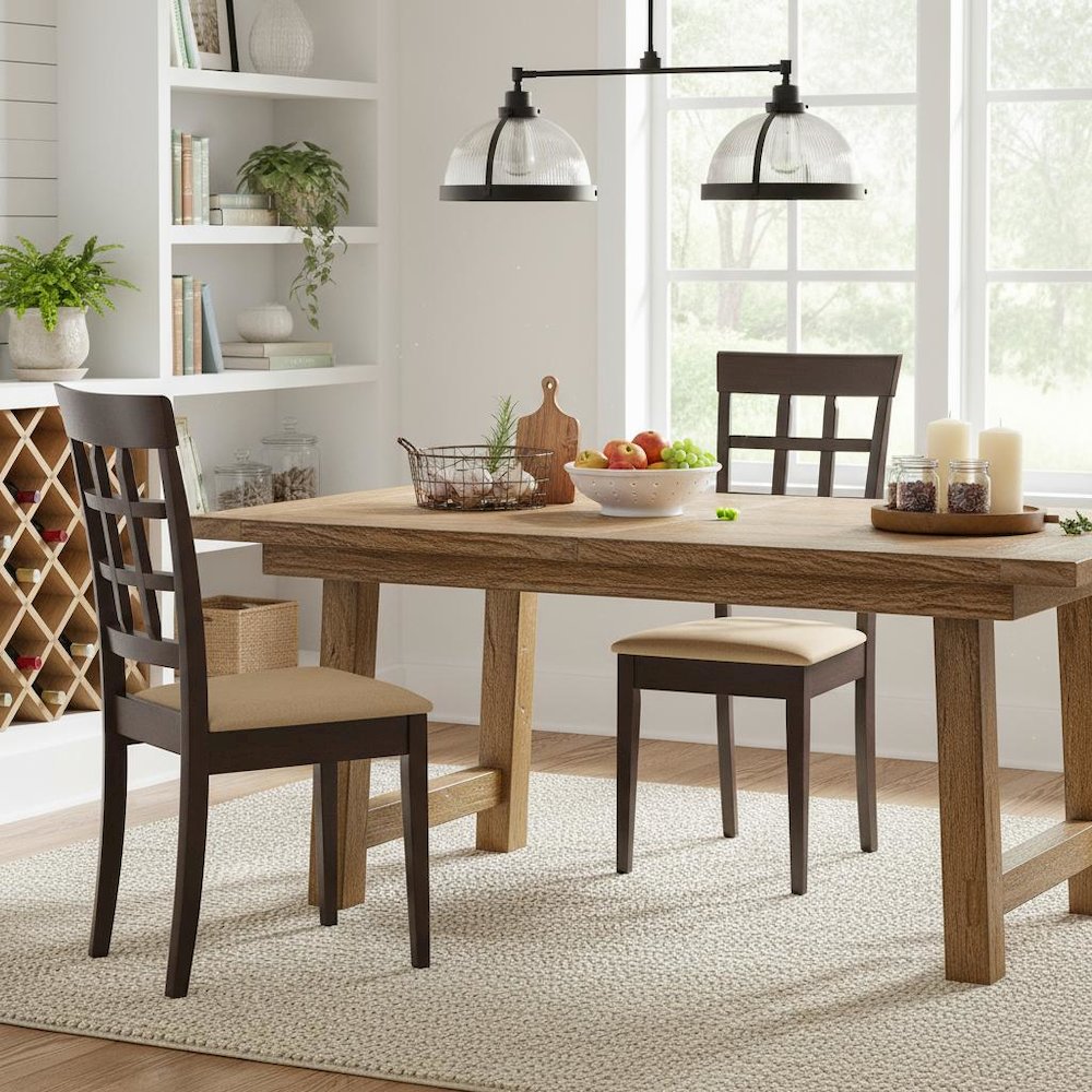 Dining Side Chairs Set of 2, Lattice Back, Cappuccino Finish, Tan Microfiber. Picture 2