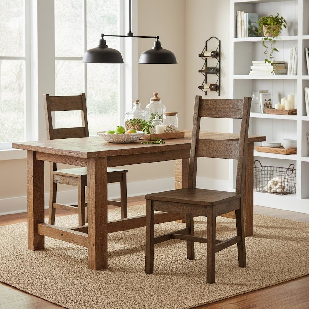 Rustic Golden Brown Wood Dining Side Chair Set of 2, Farmhouse Style. Picture 2