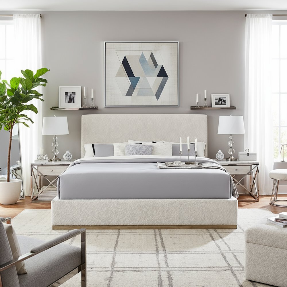 Beige King Size Upholstered Bed Frame, Elegant Upholstered Bed Frame King. Picture 3