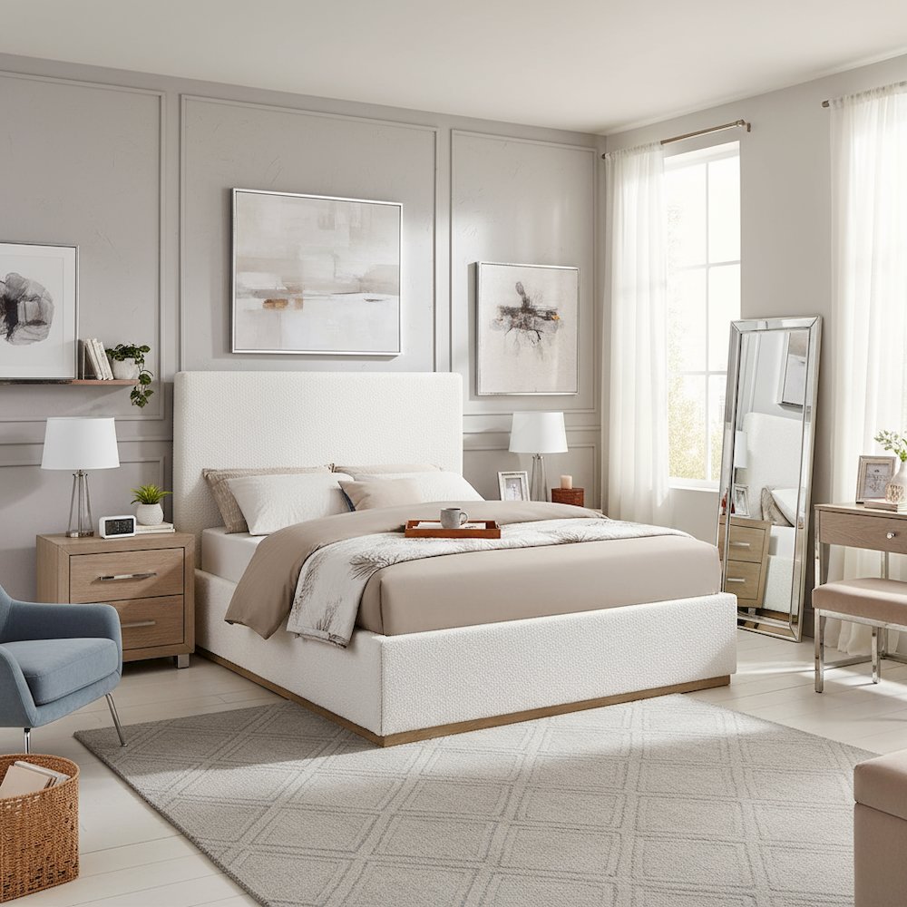 Beige Upholstered Queen Size Bed Frame with Headboard Platform Bed. Picture 2