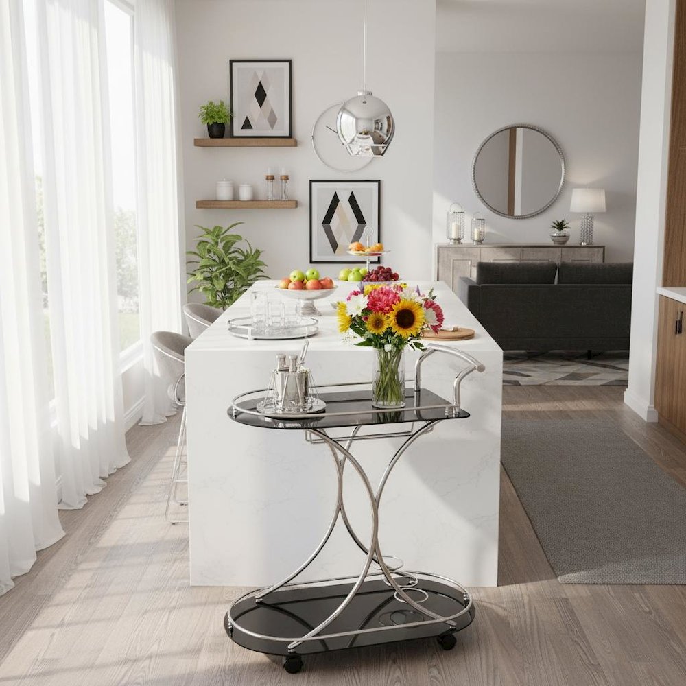 Contemporary Bar Cart, Black Glass, Chrome Metal, Wine & Stemware Storage. Picture 2