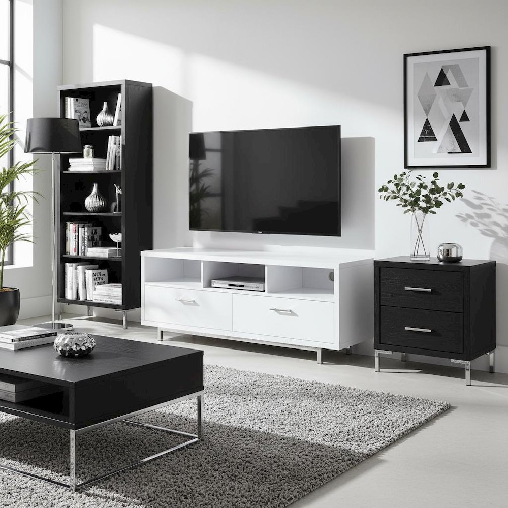 Modern White TV Stand 60 Inch, Engineered Wood, Two Drawers, Chrome Metal Base.. Picture 2