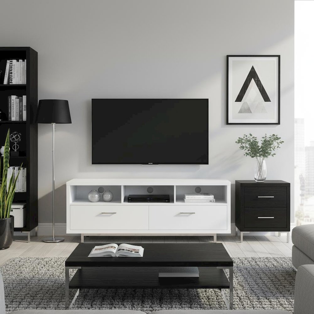 Modern White TV Stand 60 Inch, Engineered Wood, Two Drawers, Chrome Metal Base.. Picture 3