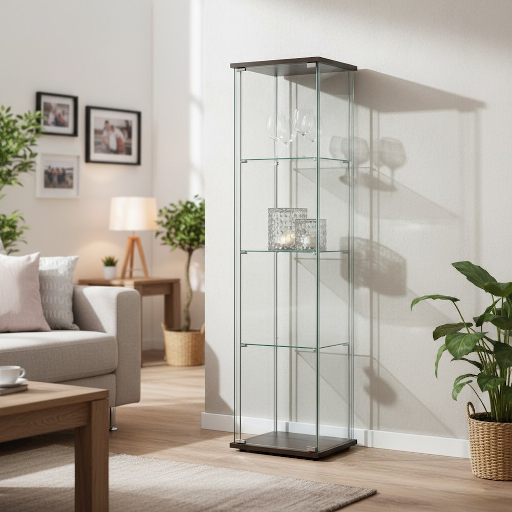 Modern Curio Cabinet, Clear Glass Shelves, Cappuccino Finish. Picture 3