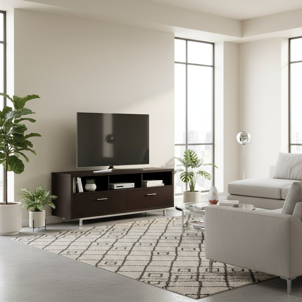 Modern Cappuccino TV Stand 60 Inch, Engineered Wood, 2-Drawer, Chrome Metal Base. Picture 2